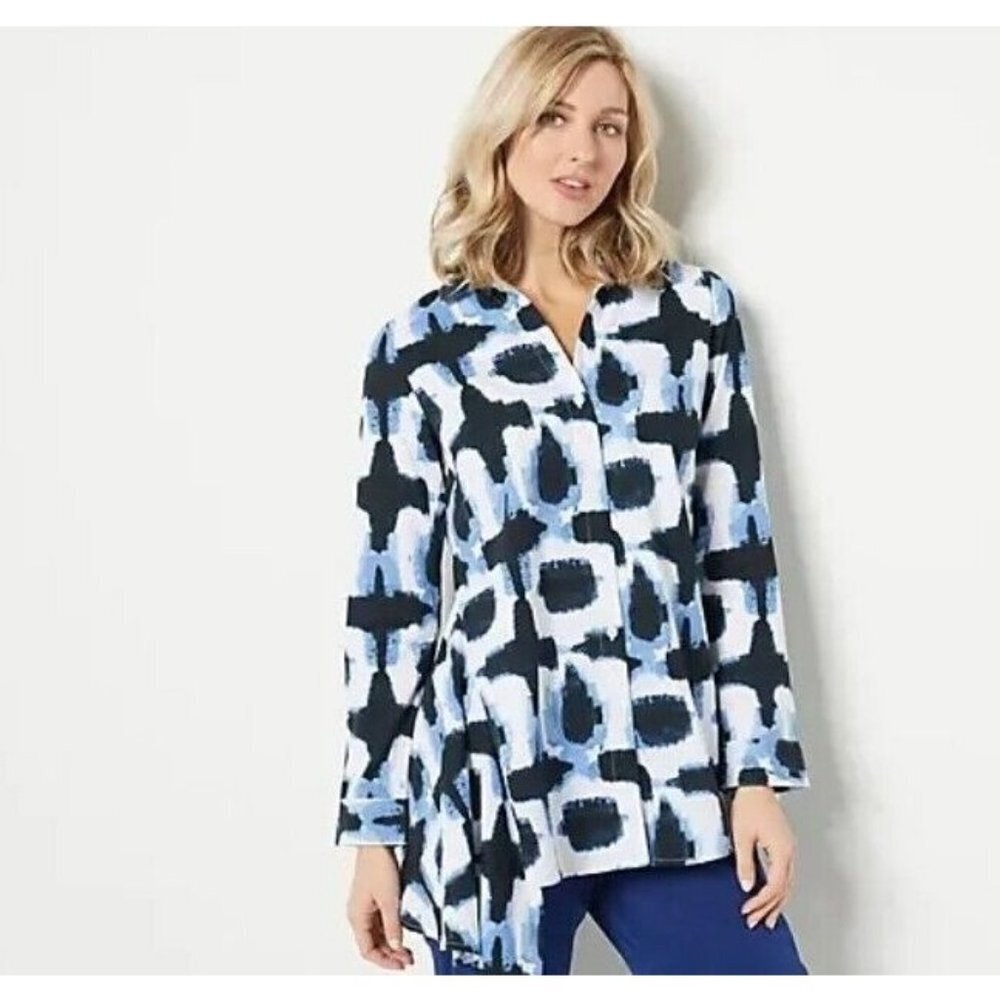 Truth+Style Stretch Poplin Asymmetrical Woven Button Front Blue Combo Size 2X